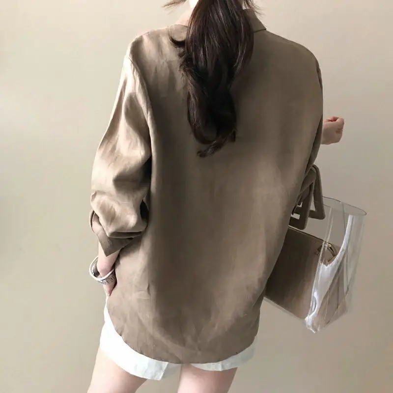 Women's Linen Oversized Shirt Shorts Set Beige - Image 5