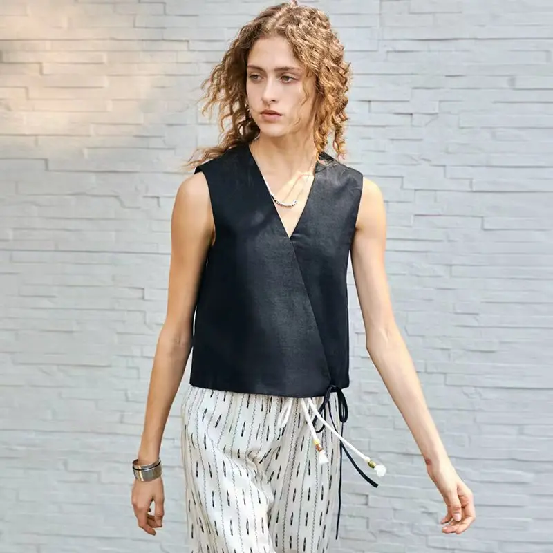 Women's Linen Tank Top V Neck Tie Front - Image 2