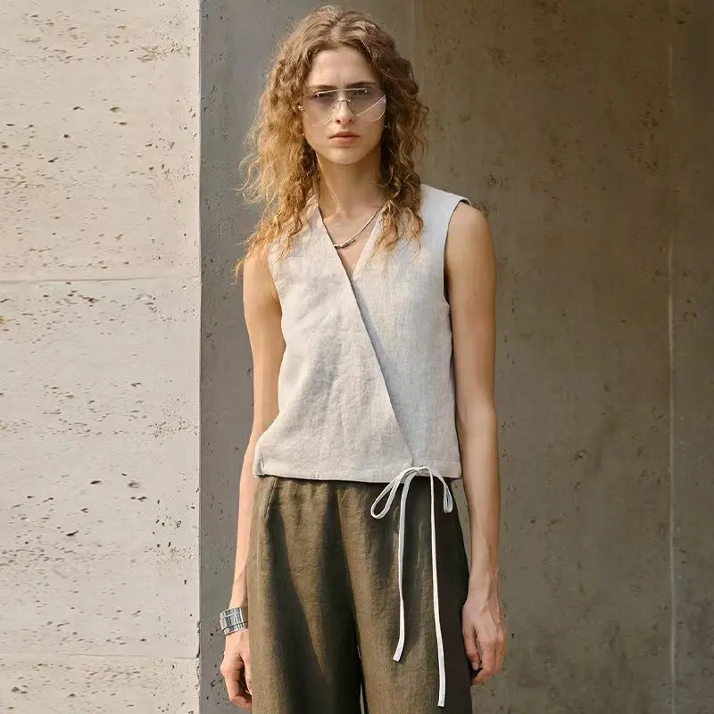 Women's Linen Tank Top V Neck Tie Front - Image 3
