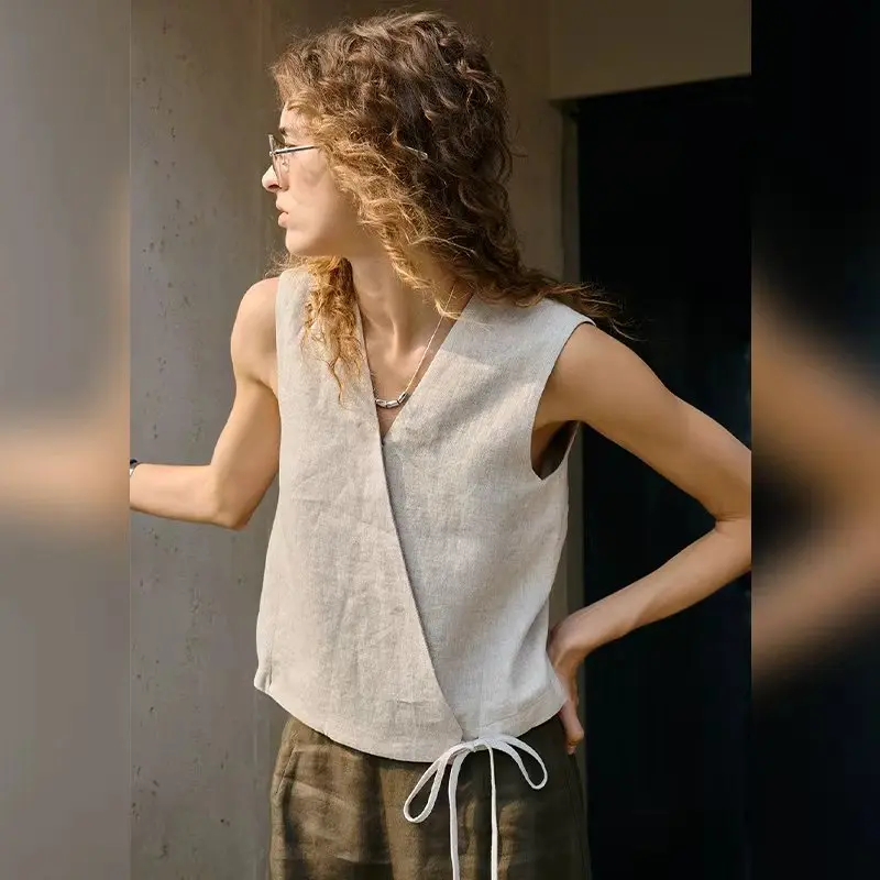Women's Linen Tank Top V Neck Tie Front - Image 4