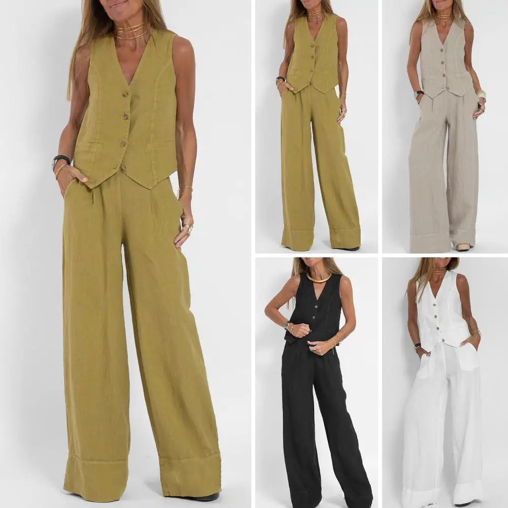 Women's Linen Two Piece Set Wide Leg Pants - Image 2