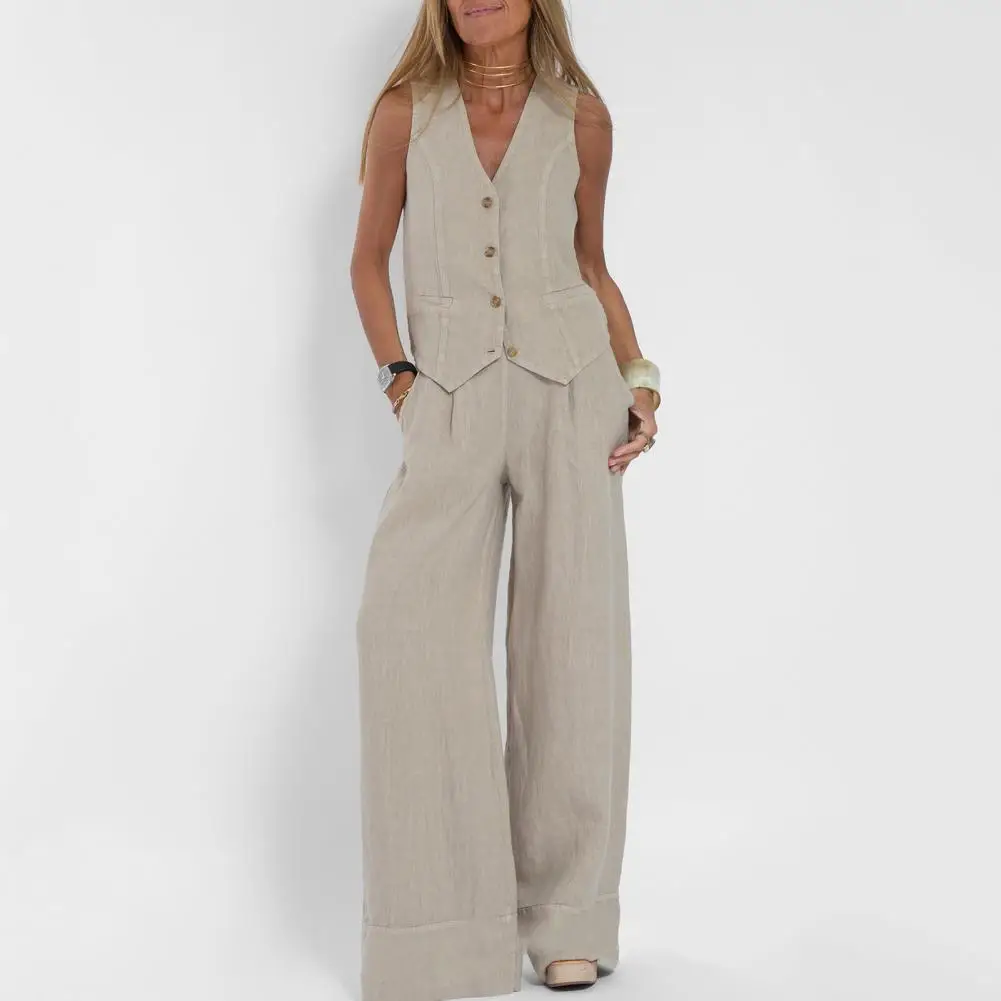 Women's Linen Two Piece Set Wide Leg Pants - Image 5