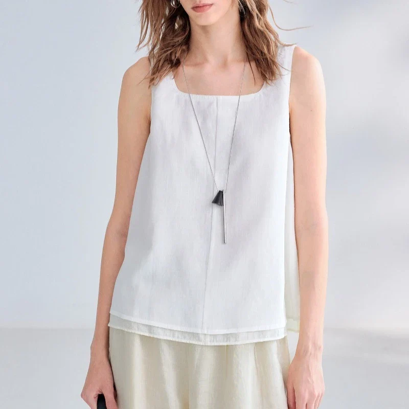 Women's Square Neck Tank Top Ramie Lyocell Loose - Image 3