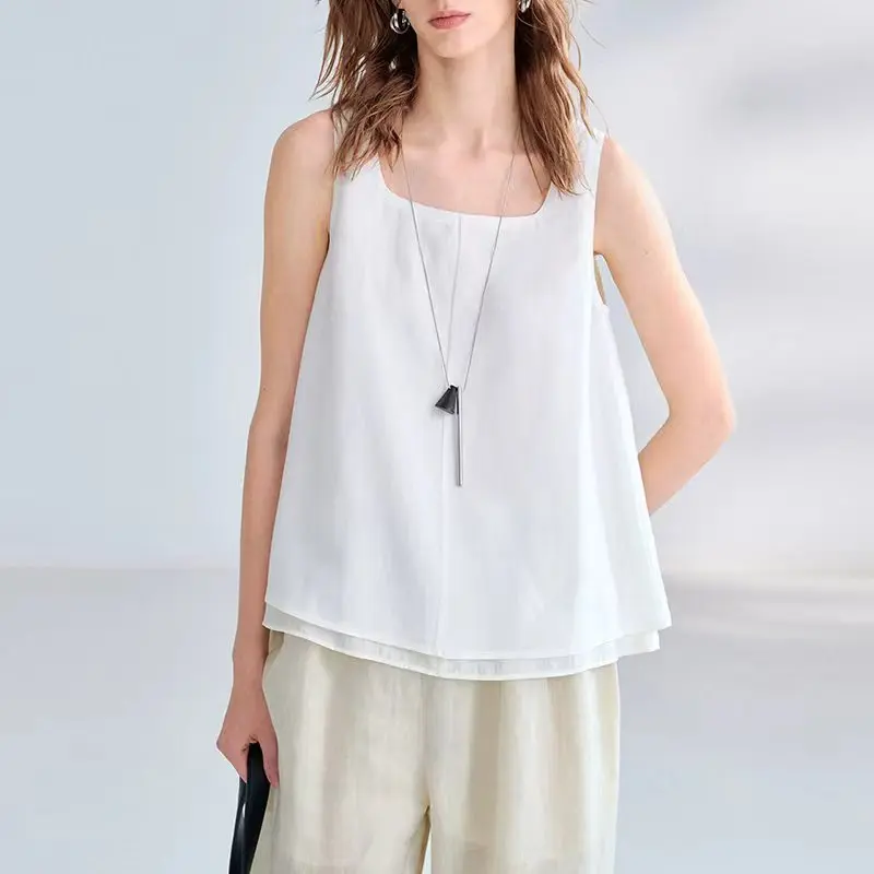 Women's Square Neck Tank Top Ramie Lyocell Loose - Image 4