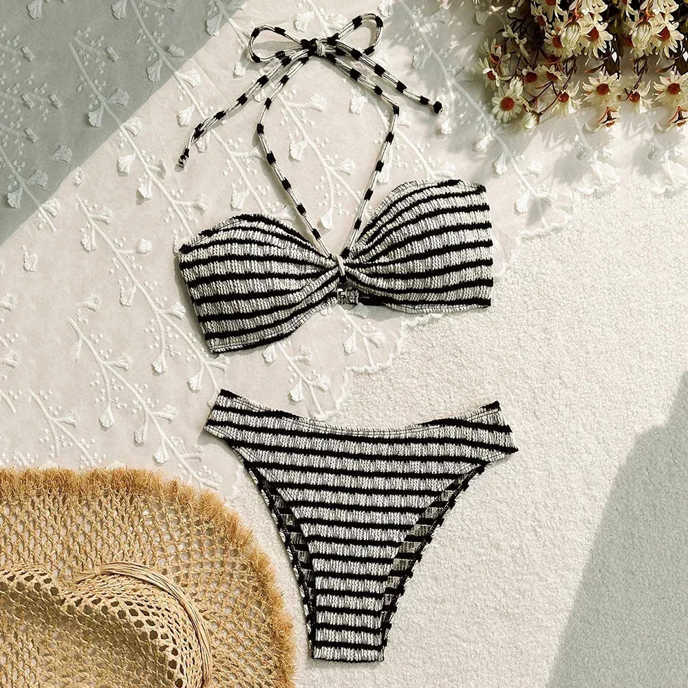 Women's Striped Halter Bikini Set Brazilian